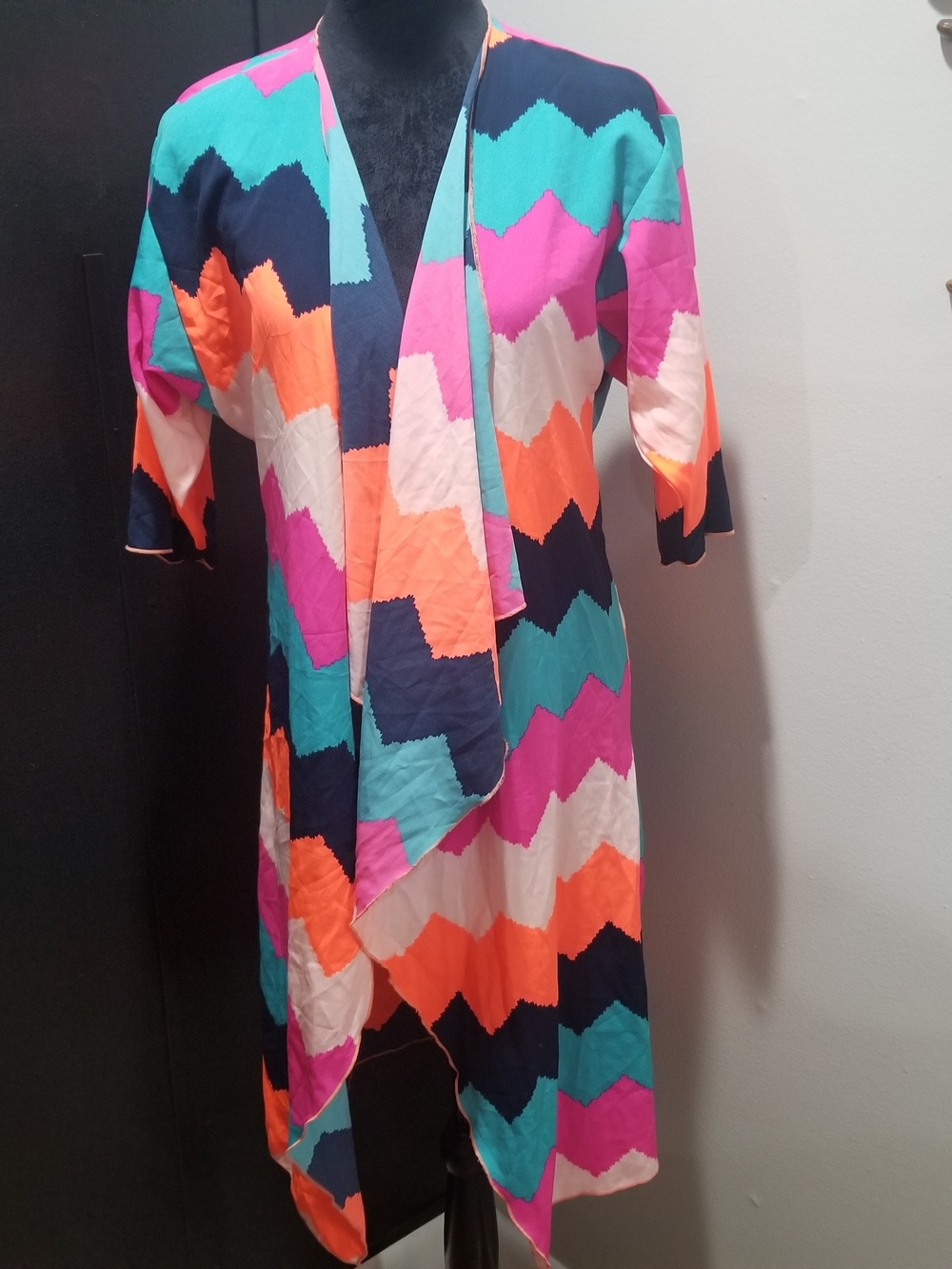 Colorblock Zigzag Open Front Kimono Jacket - Multicolor